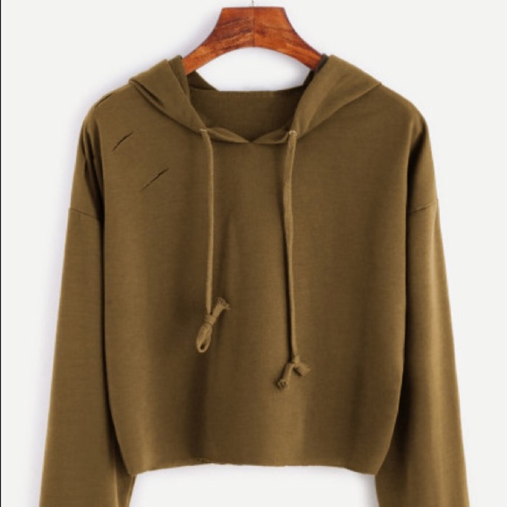 Olive cropped distressed hoodie